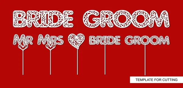 Words Groom Bride Toppers Cake Heart Mrs Groom Bride Template — Stock Vector