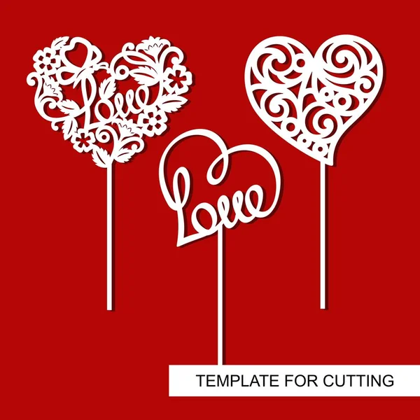 Set Toppers Hearts Decoration Valentine Day Template Laser Cutting Wood — Stock Vector