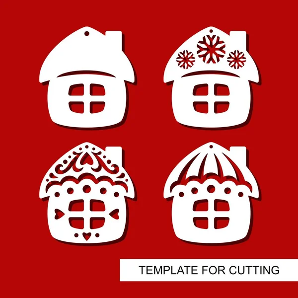 Set Christmas Decoration Silhouettes Huts Small Houses Template Laser Cutting — Stock Vector