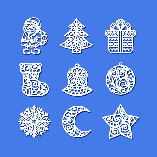 Set of Christmas Icons. Santa Claus, xmas tree, gift box, sock, bell, ball, snowflake, crescent, star.