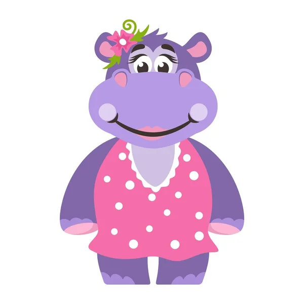Hipopótamo Menina Vestido Rosa Com Bolinhas Com Uma Flor Personagem —  Vetores de Stock