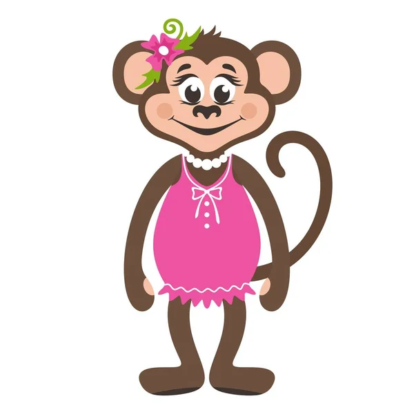 Monkey Girl Pink Dress Flower Her Head Cartoon Character White — Stock Vector