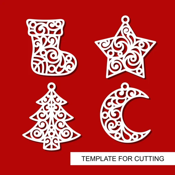 クリスマスの装飾のセット スター クリスマス ツリー 三日月 木製彫刻または印刷のレーザー切断のためのテンプレート — ストックベクタ