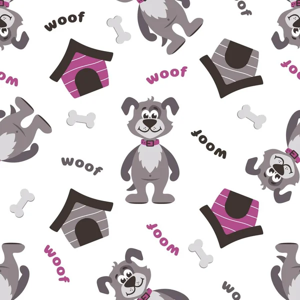 A seamless pattern with dogs, dog houses, bones and the words 