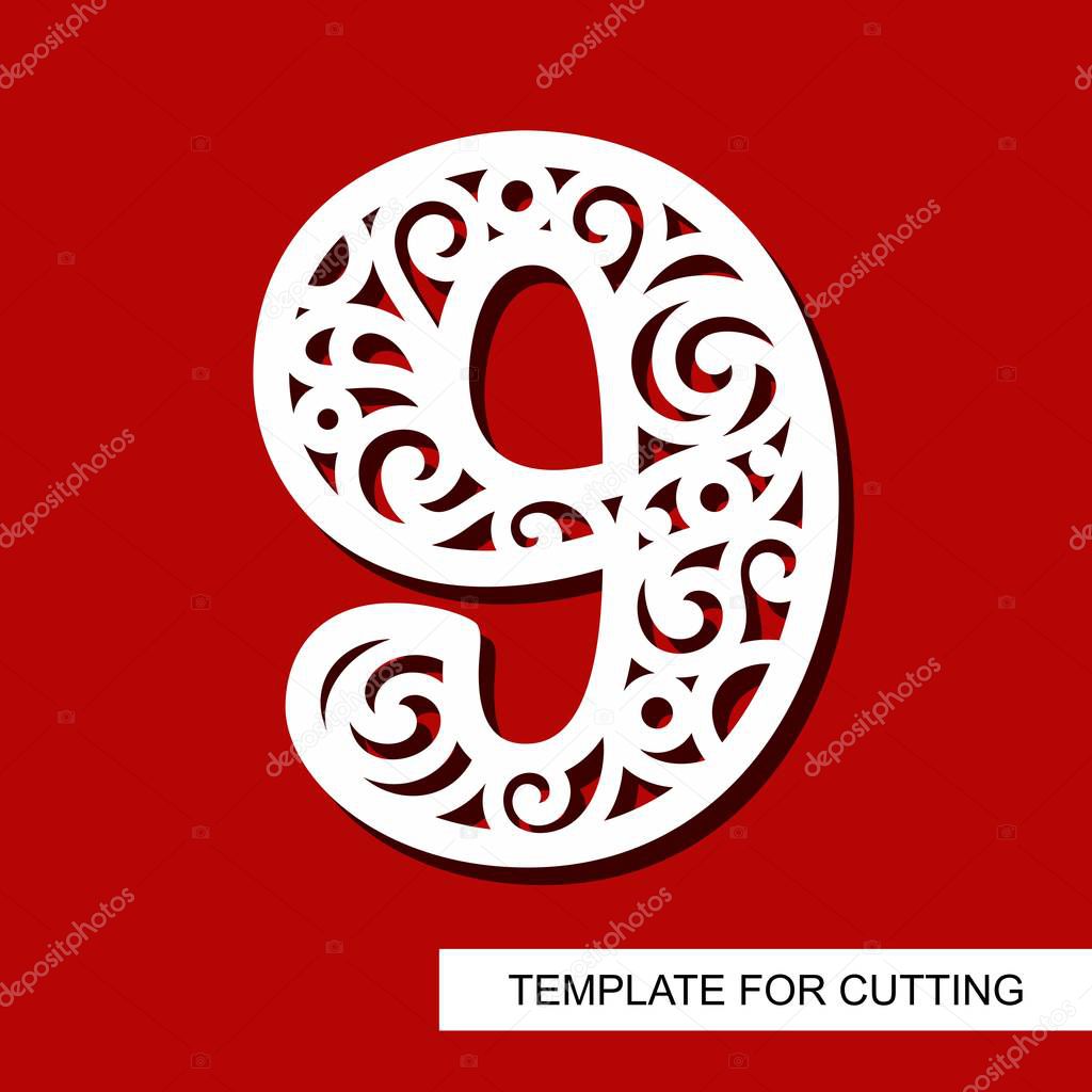 Number nine - 9. Template for laser cutting, wood carving, paper cut and printing. Vector illustration.