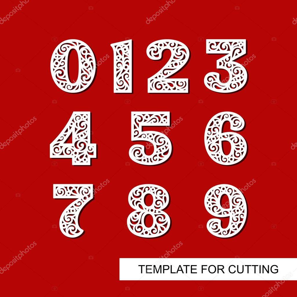 Number 1 (one), 2 (two), 3 (three), 4 (four), 5 (five), 6 (six), 7 (seven), 8 (eight), 9 (nine), 0 (zero). Template for laser cutting, wood carving, paper cut and printing. Vector illustration