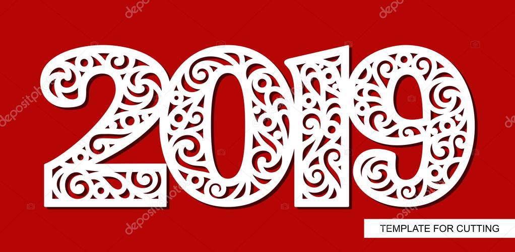 Text 2019 with curls. Template for laser cutting, wood carving, paper cut and printing. Vector illustration.