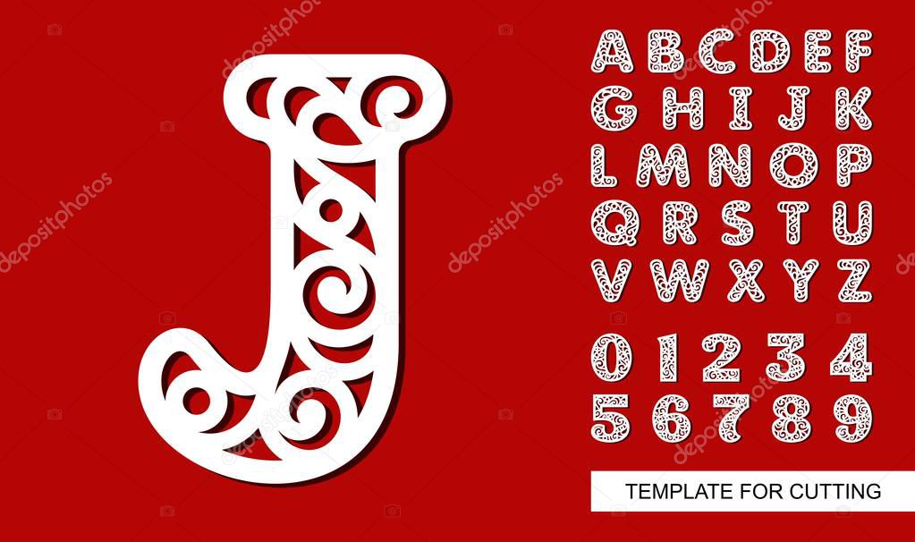 Letter J. Full English alphabet and digits 0, 1, 2, 3, 4, 5, 6, 7, 8, 9. Lace letters and numbers. Template for laser cutting, wood carving, paper cut and printing. Vector illustration.