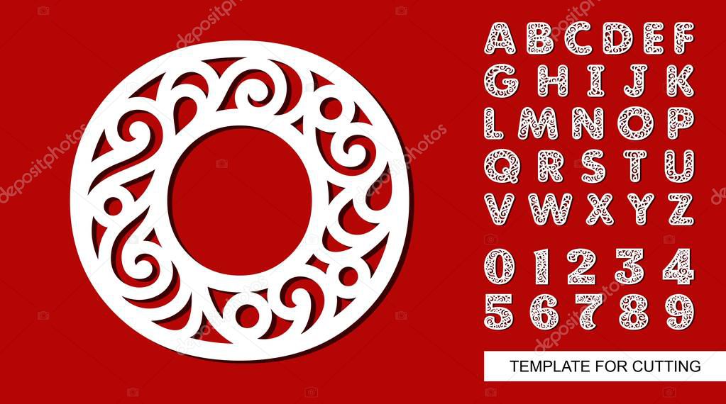 Letter O. Full English alphabet and digits 0, 1, 2, 3, 4, 5, 6, 7, 8, 9. Lace letters and numbers. Template for laser cutting, wood carving, paper cut and printing. Vector illustration.