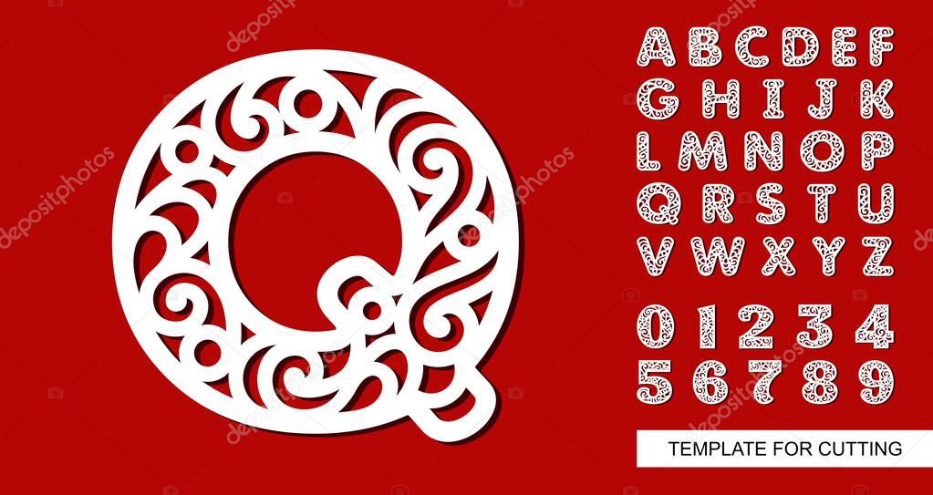 Letter Q. Full English alphabet and digits 0, 1, 2, 3, 4, 5, 6, 7, 8, 9. Lace letters and numbers. Template for laser cutting, wood carving, paper cut and printing. Vector illustration.