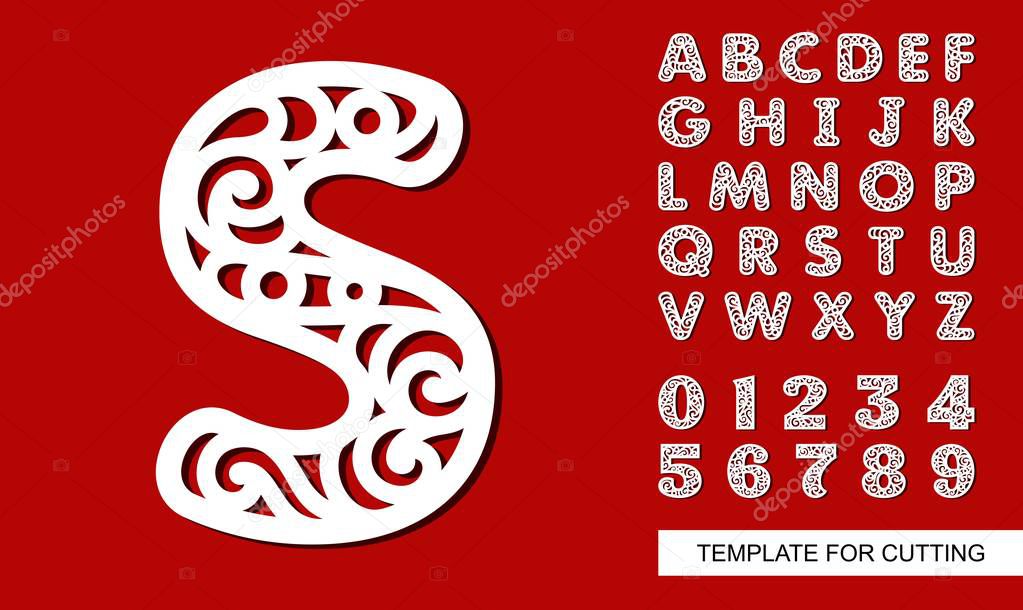 Letter S. Full English alphabet and digits 0, 1, 2, 3, 4, 5, 6, 7, 8, 9. Lace letters and numbers. Template for laser cutting, wood carving, paper cut and printing. Vector illustration.