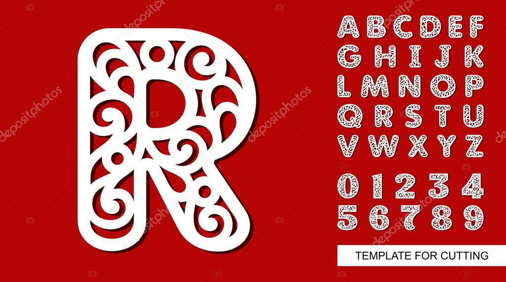 Letter R. Full English alphabet and digits 0, 1, 2, 3, 4, 5, 6, 7, 8, 9. Lace letters and numbers. Template for laser cutting, wood carving, paper cut and printing. Vector illustration.