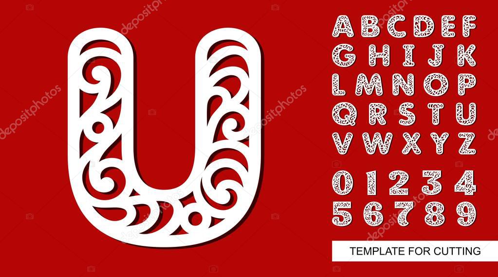 Letter U. Full English alphabet and digits 0, 1, 2, 3, 4, 5, 6, 7, 8, 9. Lace letters and numbers. Template for laser cutting, wood carving, paper cut and printing. Vector illustration.