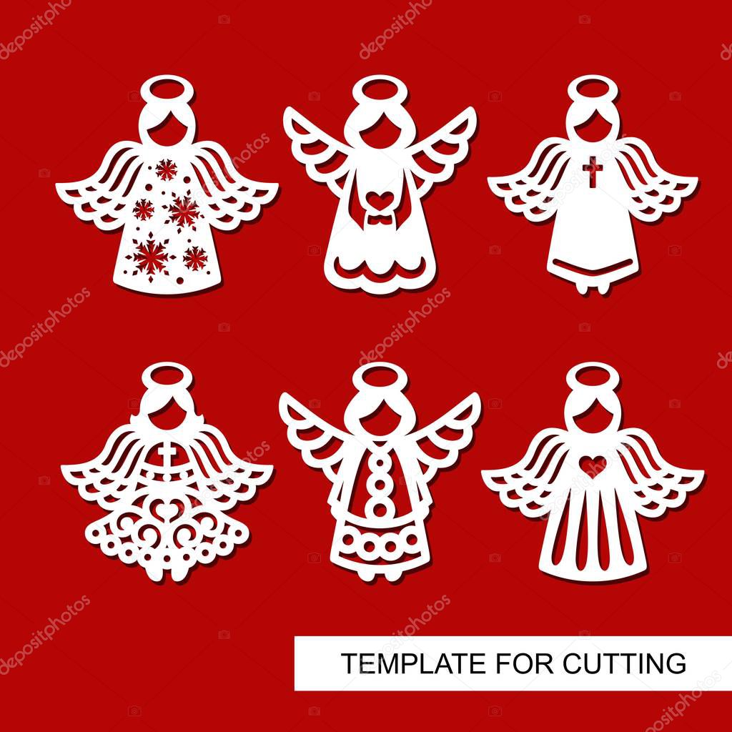 Set of christmas Decoration - silhouettes of Angels . Template for laser cutting, wood carving, paper cut and printing. Decoration for xmas tree. Vector illustration.