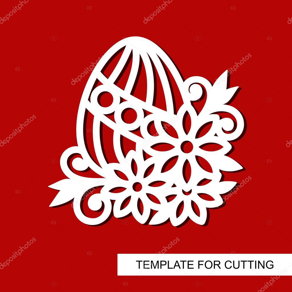 Decorative element - Easter Egg with Flowers. Template for laser cutting, wood carving, paper cut and printing. Vector illustration.