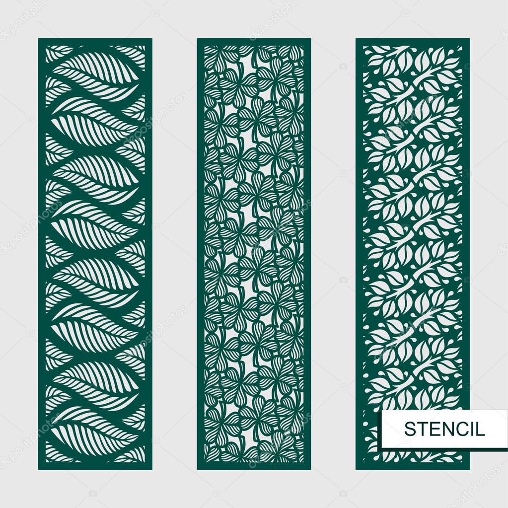 Set of decorative vector panels. Stencils with leaves, branches, clover.   Plant themes. Template for laser cutting, wood carving, paper cut and printing. Vector illustration.