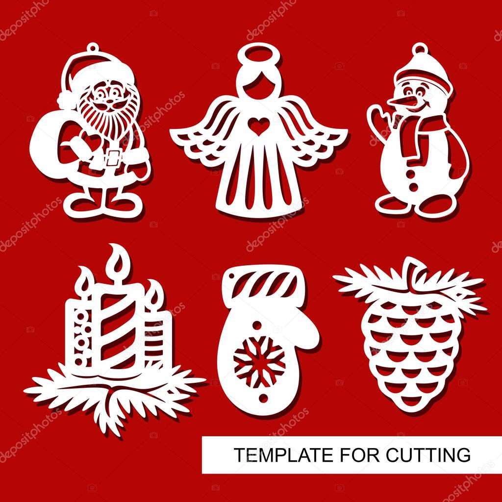 Set of christmas Decoration - silhouettes of Angel, Santa Claus, Snowman, candles, pine cone, mitten. Template for laser cutting, wood carving, paper cut. Decor for xmas tree. Vector illustration.