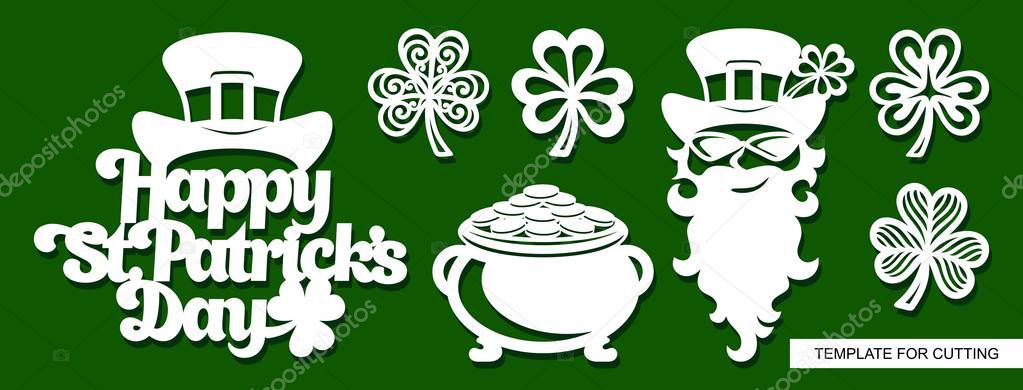 Set of decoration for St. Patrick's Day:  Leprechaun, pot full of golden coins, shamrock and  phrase 