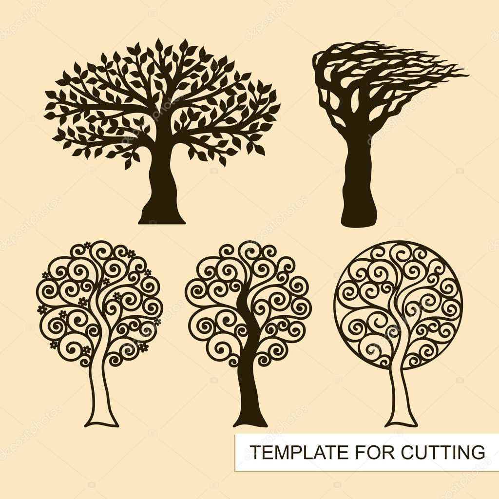 A set of silhouettes of trees. Sakura with flowers and curls. Template for laser cutting, wood carving, paper cut and printing. Vector illustration.
