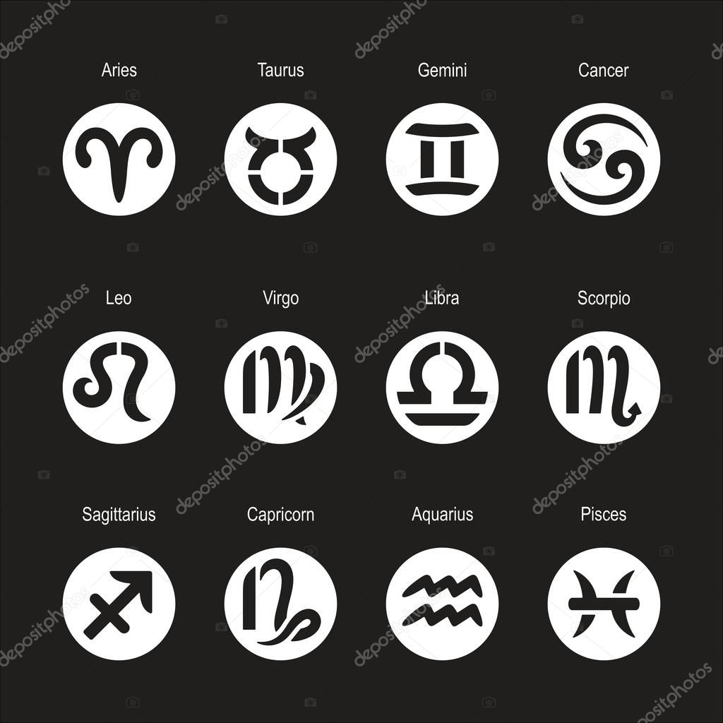 Collection of zodiac signs. Icons of Aries, Taurus, Leo, Gemini, Virgo, Scorpio, Libra, Aquarius, Sagittarius, Pisces, Capricorn, Cancer. Vector illustration.