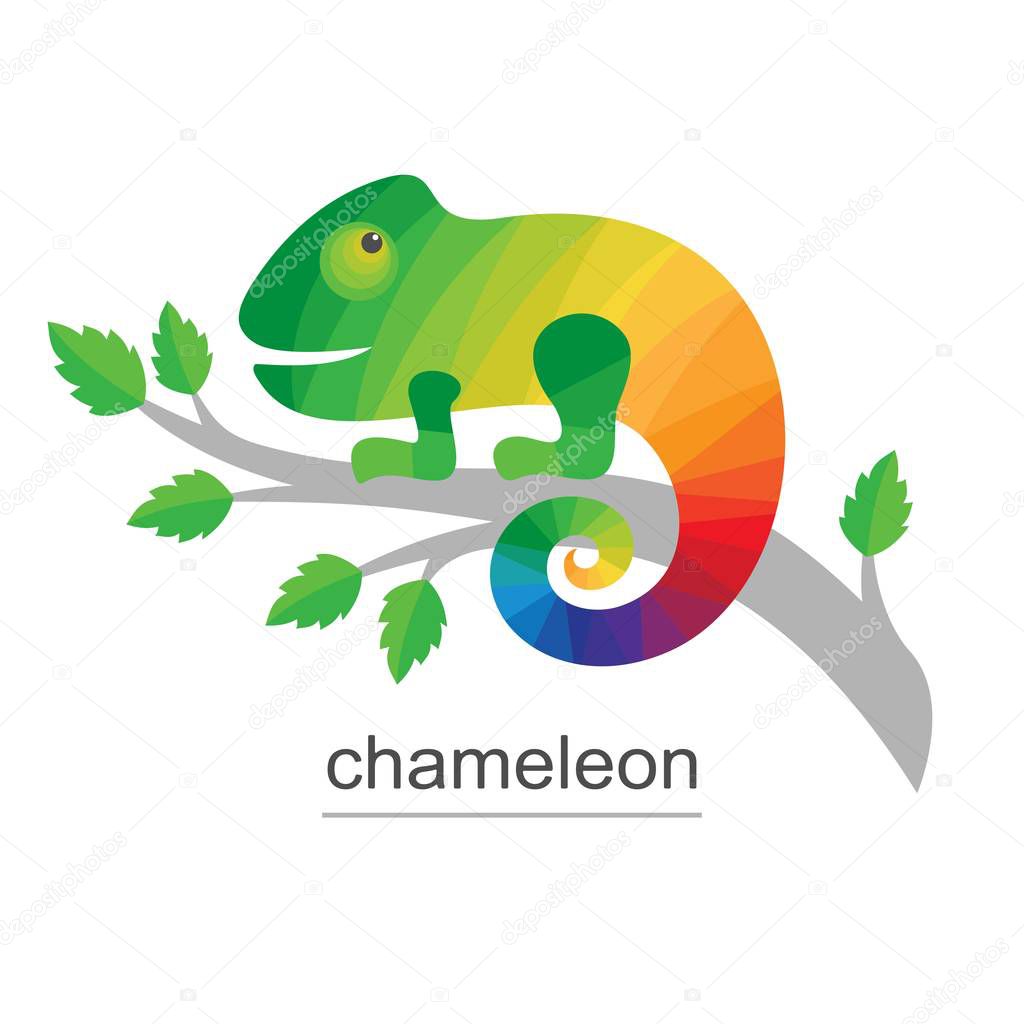 Logo Chameleon on branch. Colorful Icon for business. Vector illustration on a white background.