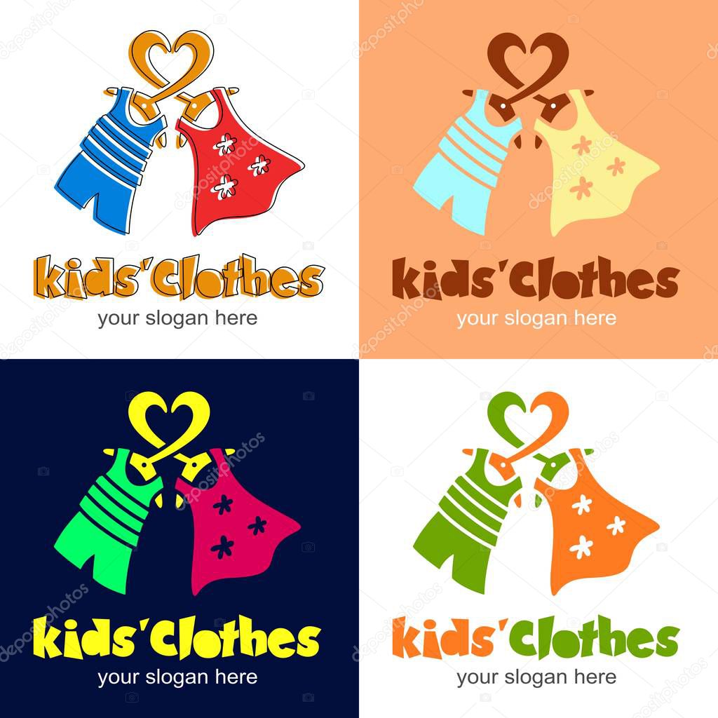 Kids clothes. Logotype with heart, clothes hanger, dress for girl, t-shirt and shorts for boy. Logo or icon for shop, store, market with children dress. Children's fashion. Vector illustration.