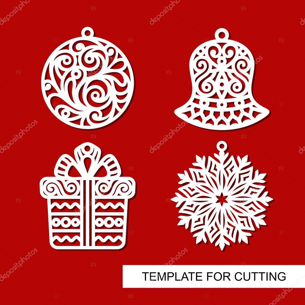 Set of christmas decoration: bell, gift, snowflake and ball. Templates for laser cutting, wood carving, plotter cutting or printing.