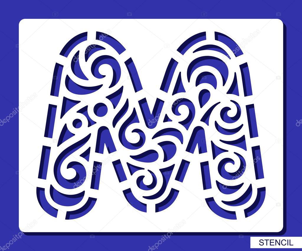 Stencil. Alphabet. Lacy letter M. Template for laser cutting, wood carving, paper cut and printing. Vector illustration.