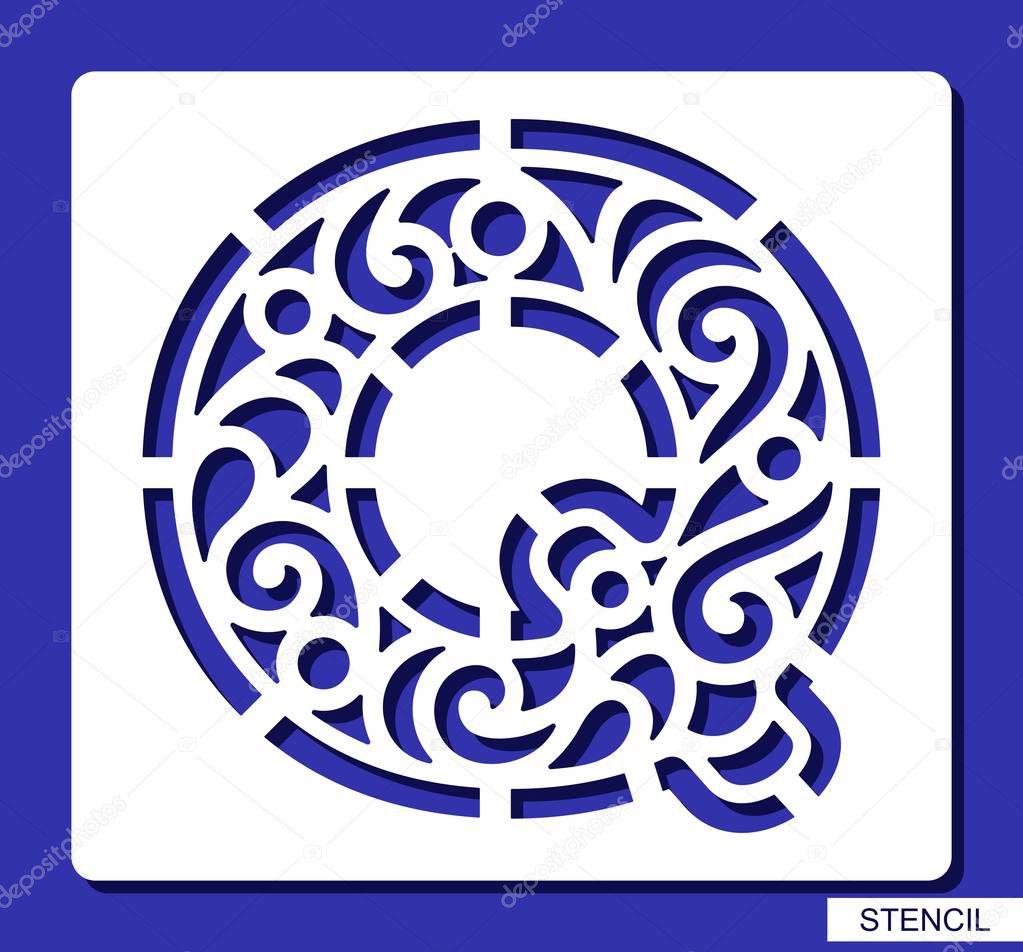 Stencil. Alphabet. Lacy letter Q. Template for laser cutting, wood carving, paper cut and printing. Vector illustration.