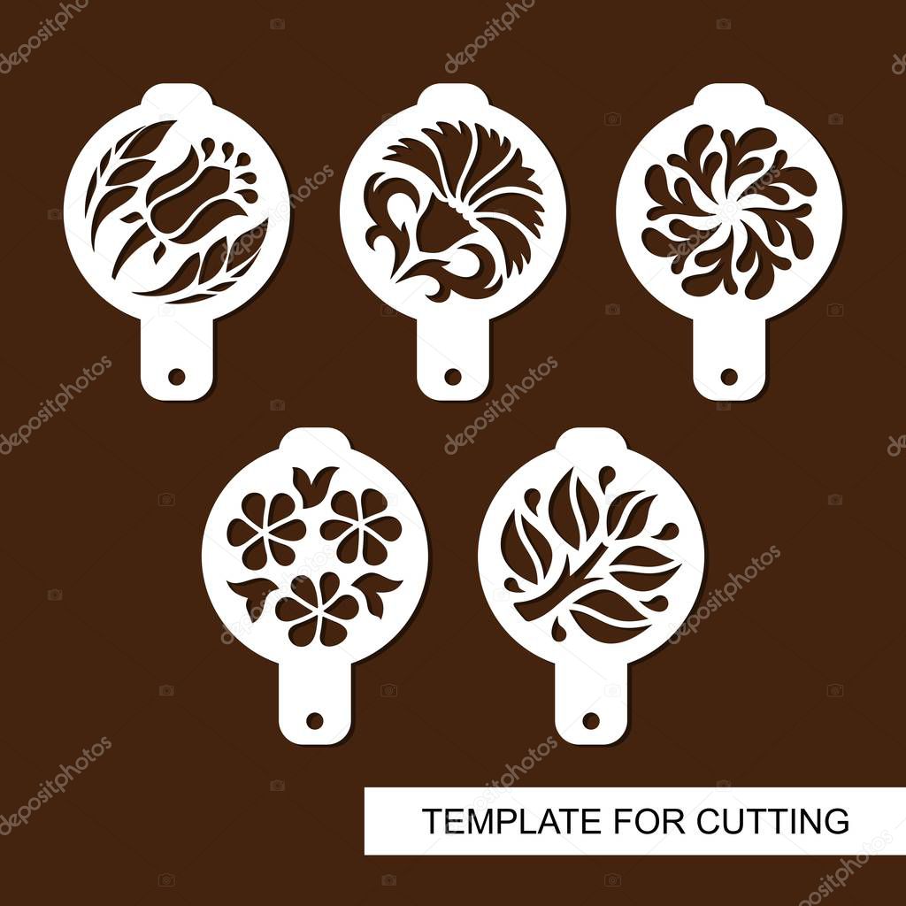 Set of coffee stencils. For drawing picture on cappuccino, macchiato and latte . Floral theme. Silhouettes of flowers and leaves. Template for laser cutting, paper cut  and wood carving. Vector.