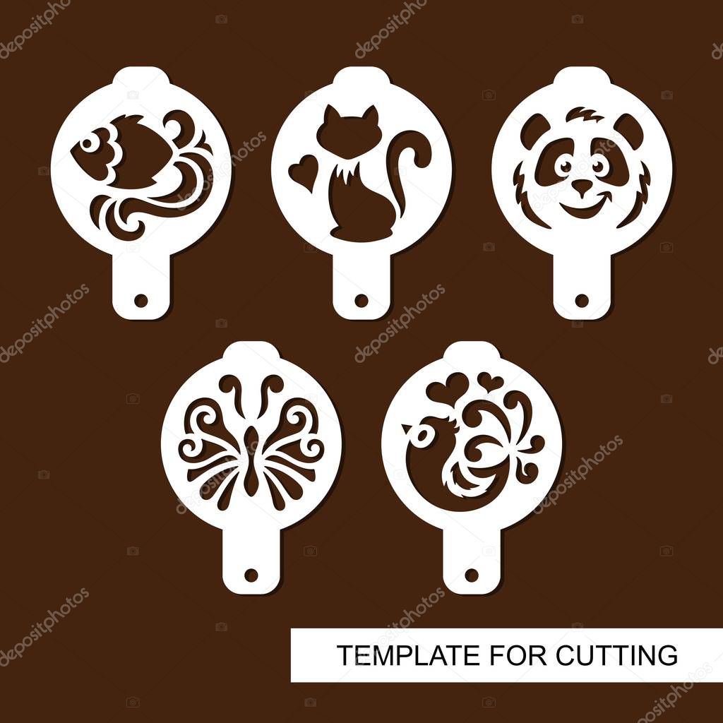 Set of coffee stencils. For drawing picture on cappuccino, macchiato and latte . Silhouettes of fish, cat, panda, butterfly and bird. Template for laser cutting, paper cut  and wood carving. Vector.