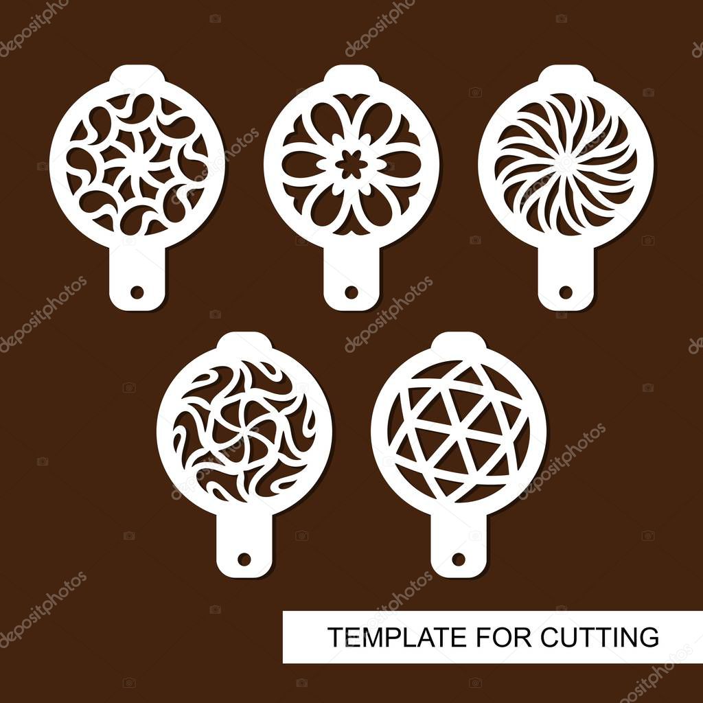 Set of coffee stencils. For drawing picture on cappuccino, macchiato and latte . Abstract geometric ornament. Template for laser cutting, paper cut  and wood carving. Vector illustration. 