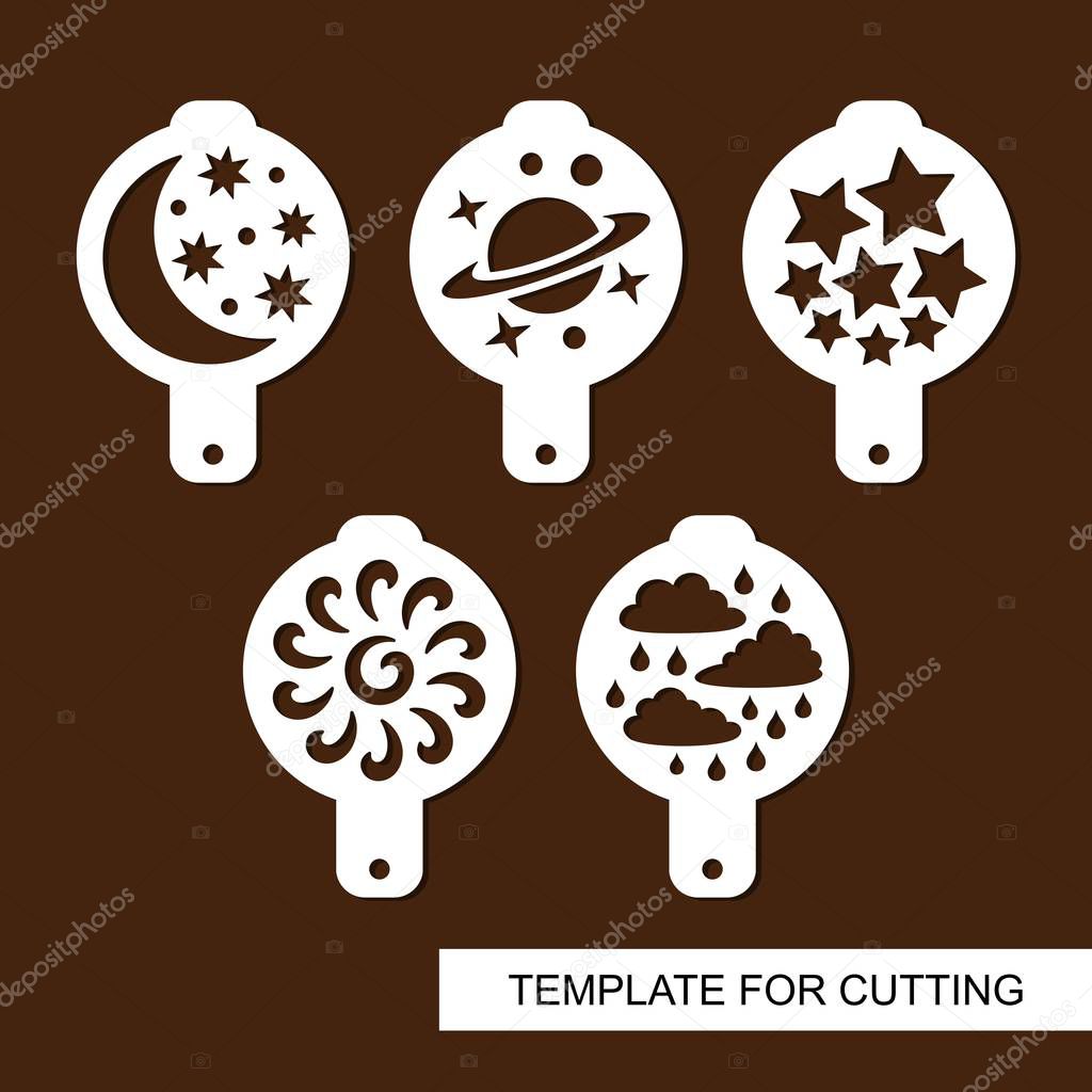 Set of coffee stencils. For drawing picture on cappuccino, macchiato and latte . Space themed. Silhouettes of stars, moon, saturn, sun, clouds, rain. Template for laser cutting. Vector.