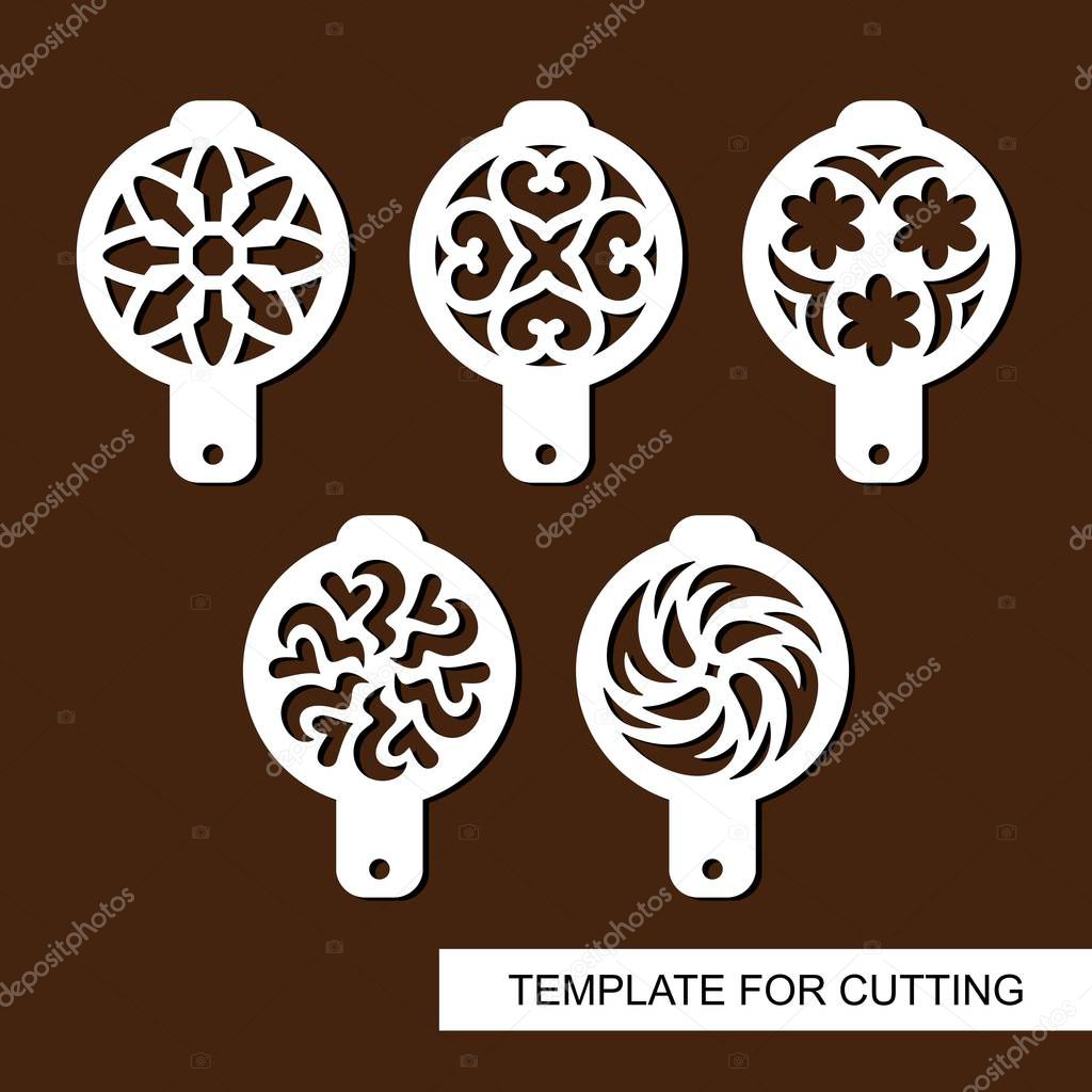 Set of coffee stencils. For drawing picture on cappuccino, macchiato and latte . Abstract ornament. Template for laser cutting, paper cut  and wood carving. Vector illustration. 