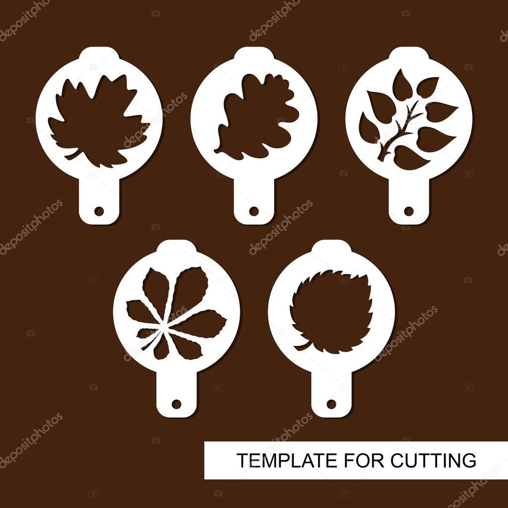 Set of coffee stencils. For drawing picture on cappuccino, macchiato and latte. Floral theme. Silhouettes of leaves maple, oak, chestnut, aspen. Template for laser cutting and wood carving. Vector.