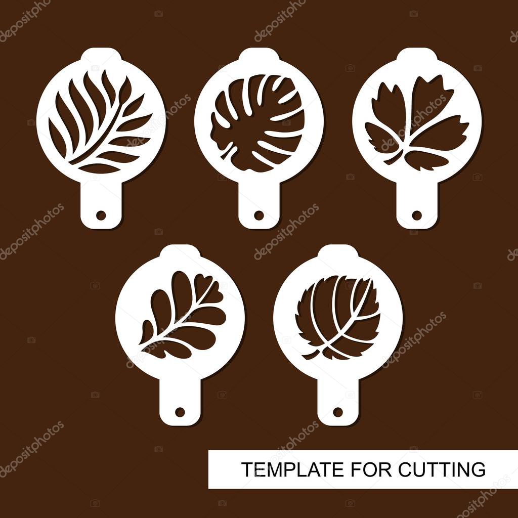 Set of coffee stencils. For drawing picture on cappuccino, macchiato and latte. Floral theme. Silhouettes of tropical palm leaves, manstera, jungle leaves,  leaves maple, oak, aspen. Vector.
