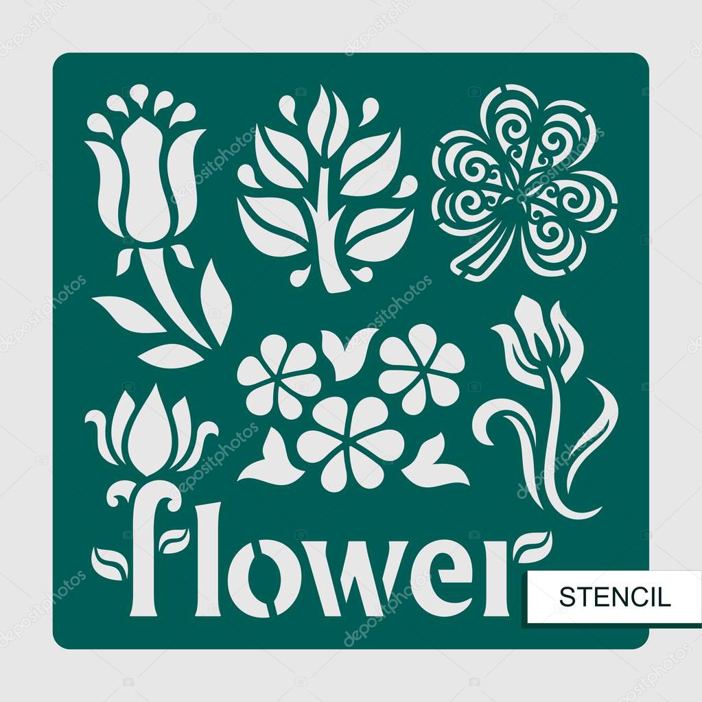 Stencil. Flower motifs with tulpins, chamomiles, clover and leaves. Template for laser cutting, wood carving, paper cut and printing. Floral theme. Vector illustration.