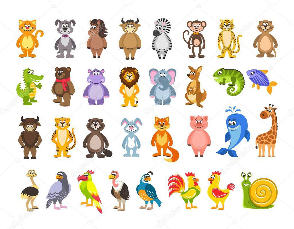 Big set of animals and birds. Lion, kangaroo, iguana, fish, hare, pig, giraffe, ostrich, snail. Cartoon characters on white background. Isolated objects. Colorful flat vector illustration for kids.