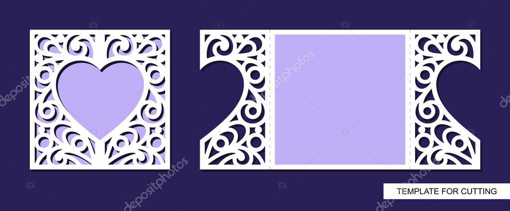 Silhouette of greeting card with heart. Template for laser cutting, die or paper cut. Can used for wedding invitation, valentines day or birthday. Save the date holder.  Lace ornament. Vector.