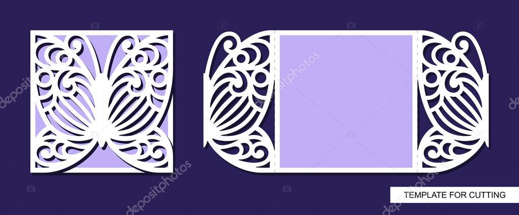 Silhouette of greeting card with butterfly. Template for laser cutting, die or paper cut. Can used for wedding invitation, valentines day or birthday. Save the date. Lace ornament. Vector.