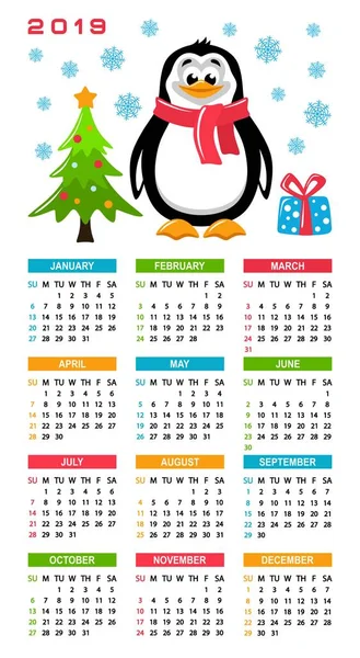 Calendário Colorido 2019 Com Pinguim Bonito Personagem Desenhos Animados Árvore — Vetor de Stock