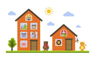 Hangi canlı hayvan iki ev: maymun, timsah, inek, köpek, zürafa, ayı, kedi, aslan, iguana ve domuz. Hayvanat Bahçesi tema. Düz stil. Beyaz bir arka plan üzerinde çocuklar için vektör çizim.