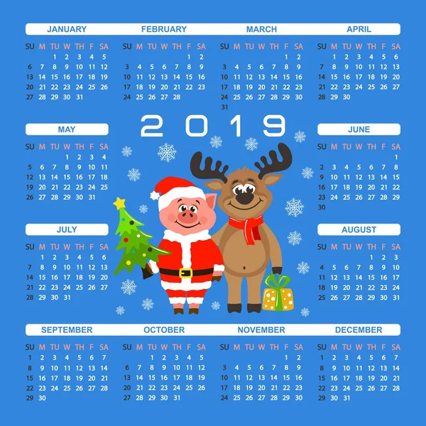 Calendário Quadrado Colorido 2019 Para Crianças Porco Traje Papai Noel — Vetor de Stock