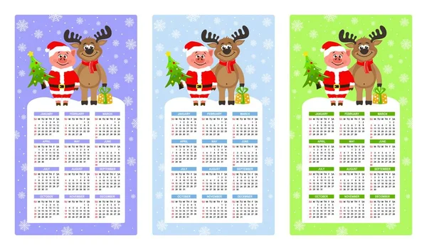 Set Calendari Verticali Colorati 2019 Maiale Costume Babbo Natale Una — Vettoriale Stock