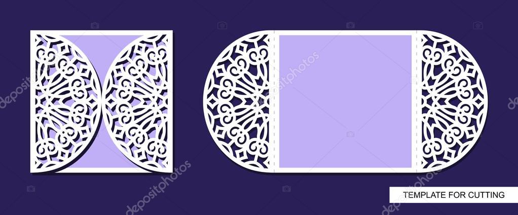Silhouette of greeting card. Template for laser cutting, die or paper cut. Can used for wedding invitation, valentines day or birthday. Save the date holder.  Lace ornament. Vector illustration.