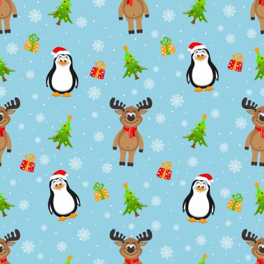 Mavi bir arka plan üzerinde sorunsuz yeni yıl desen. Penguen santa claus şapka, kırmızı bir fular, yılbaşı ağacı, kar taneleri ve bir hediye sevimli geyik. Noel Tema. Vektör çizim çocuklar için.