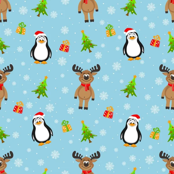 Wzór Nowego Roku Niebieskim Tle Pingwin Santa Claus Kapelusz Ładna — Wektor stockowy