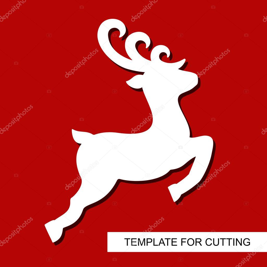 Christmas decoration - toy deer. Reindeer silhouette. Template for laser cutting, wood carving, paper cut and printing. New Year theme. Isolated object. Vector illustration.