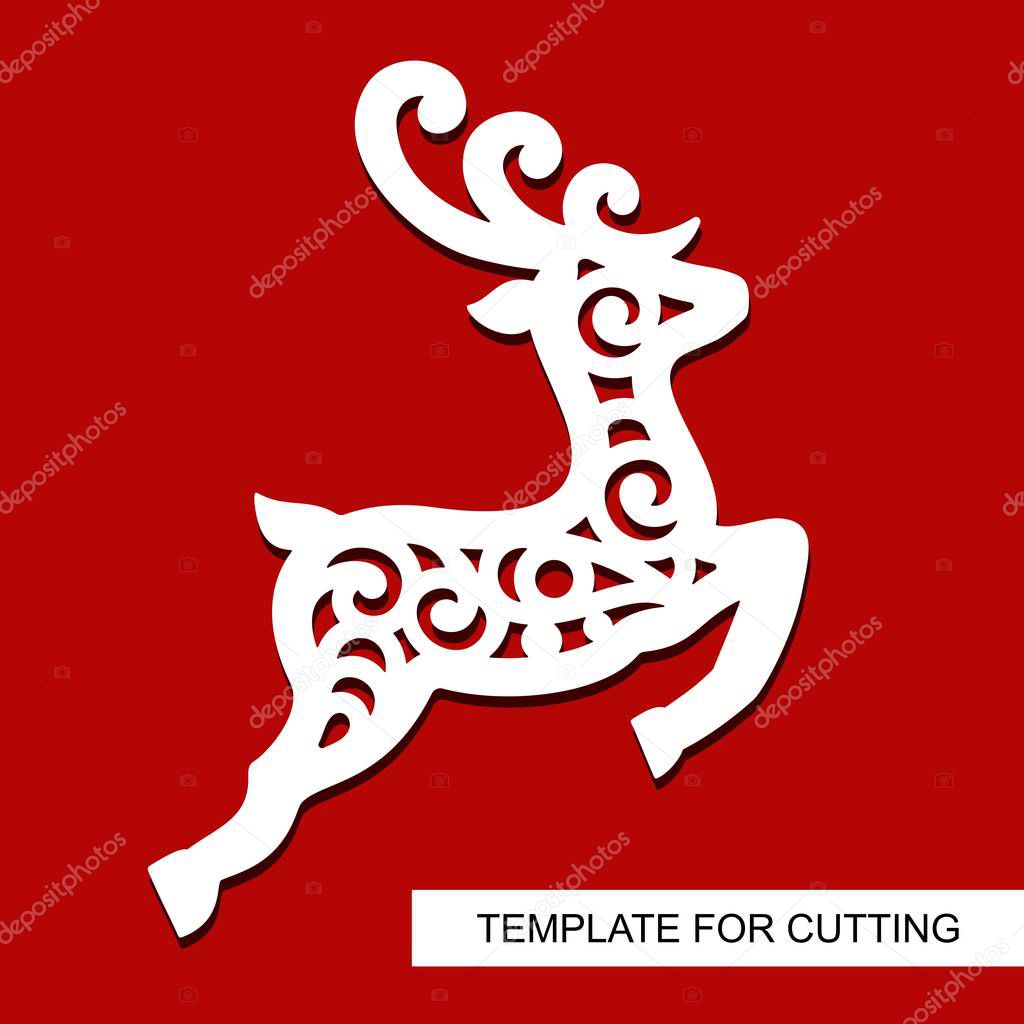 Christmas decoration - lace deer. Reindeer silhouette. Template for laser cutting, wood carving, paper cut and printing. New Year theme. Isolated object. Vector illustration.