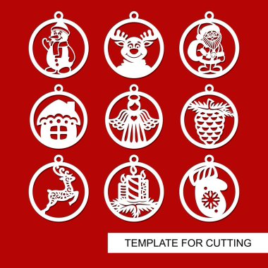 Set of Christmas decorations - balls with Santa Claus, reindeer, candle, angel, snowman, mitten, fir cone, Christmas tree, house. Template for laser cutting. New Year theme. Vector illustration. clipart